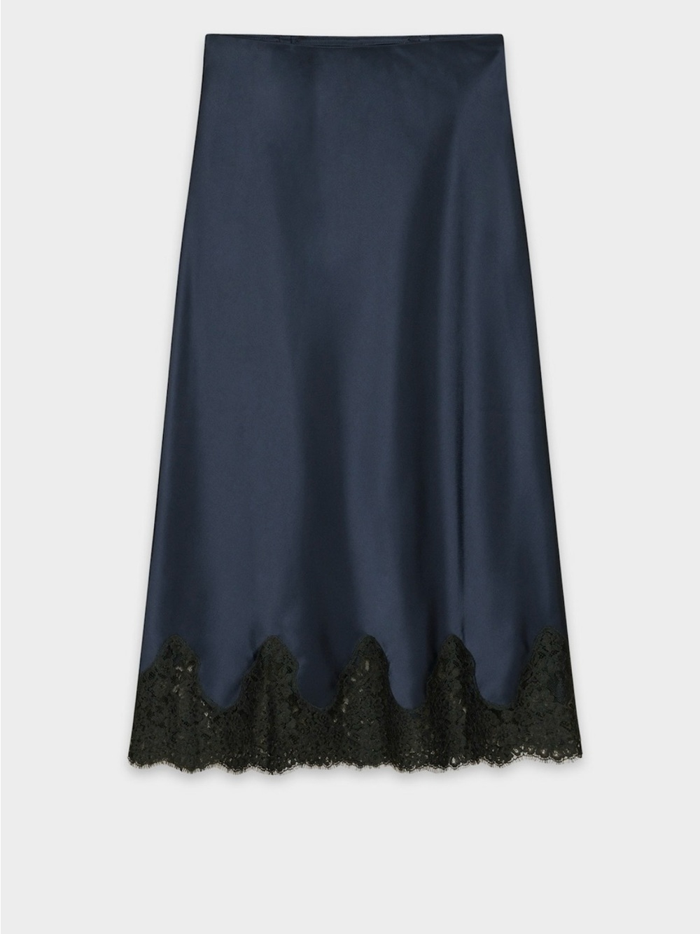 Navy Satin Midi Skirt with Black Lace Trim Aritzia